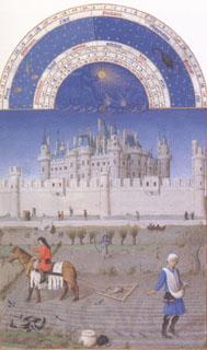 LIMBOURG brothers The medieval Louvre is in the background of the October calendar page (mk05) France oil painting art